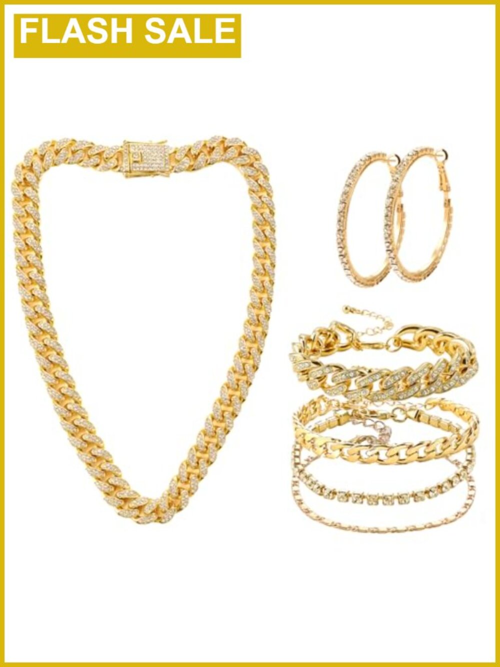 Cuban Link Necklace Bracelet Earrings Set, Adjustable, Party Wedding